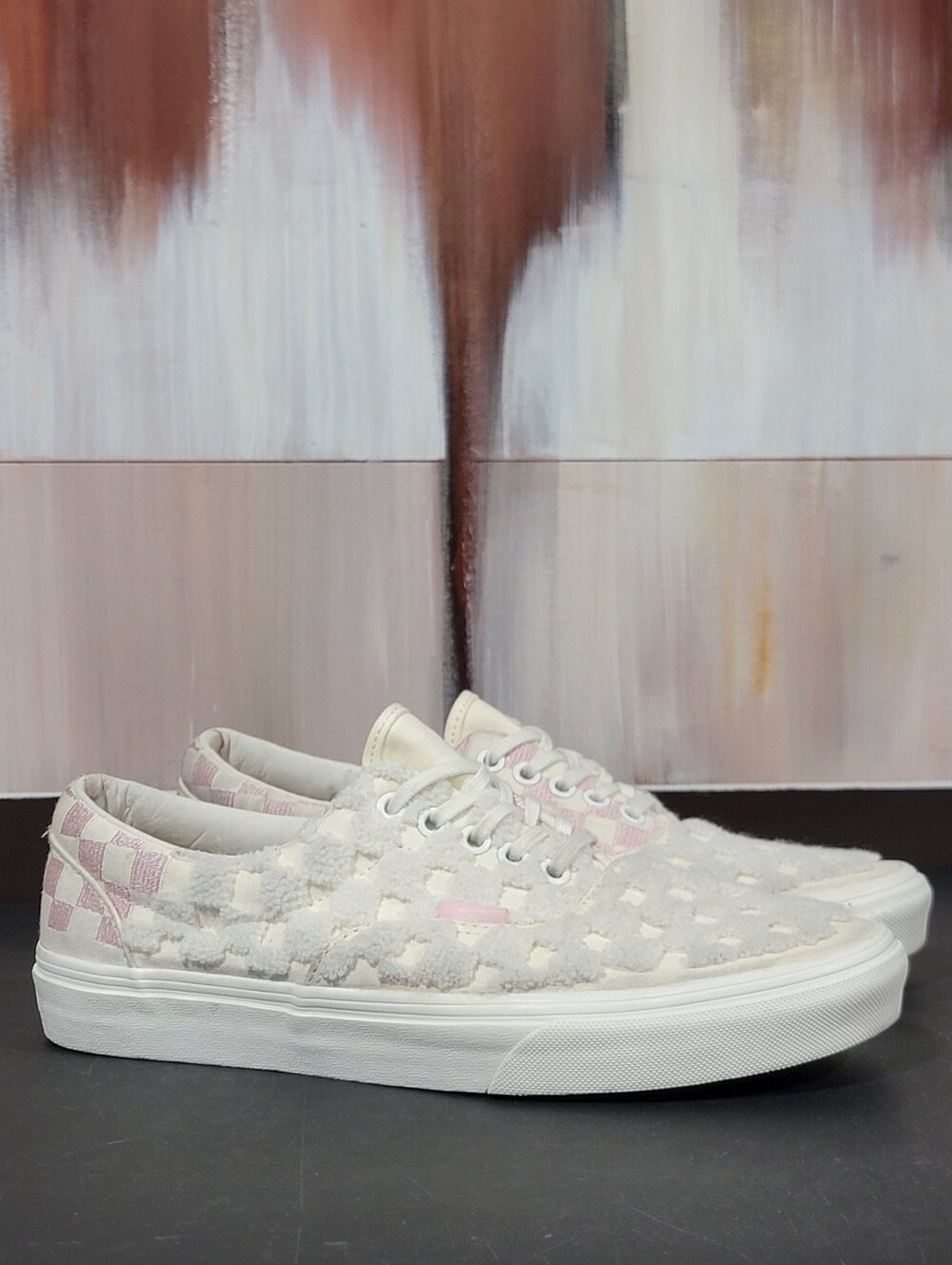 Vans era chenille raised fabric lace up cream pink shoes mens 8.5 women's 10